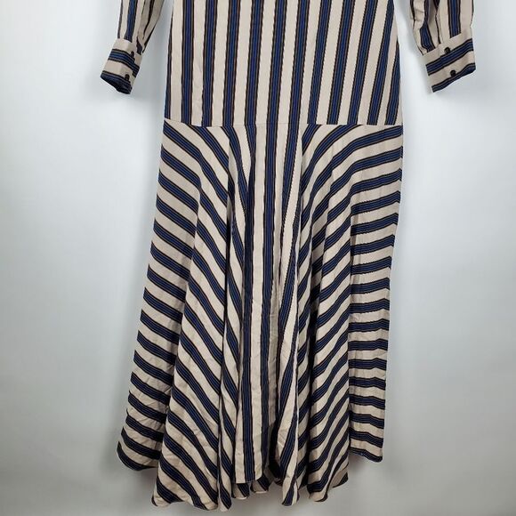 SANDRO Paris VILNA DRESS Striped Beige Collared Long Sleeve Midi Maxi Tie Knot - Picture 11 of 13